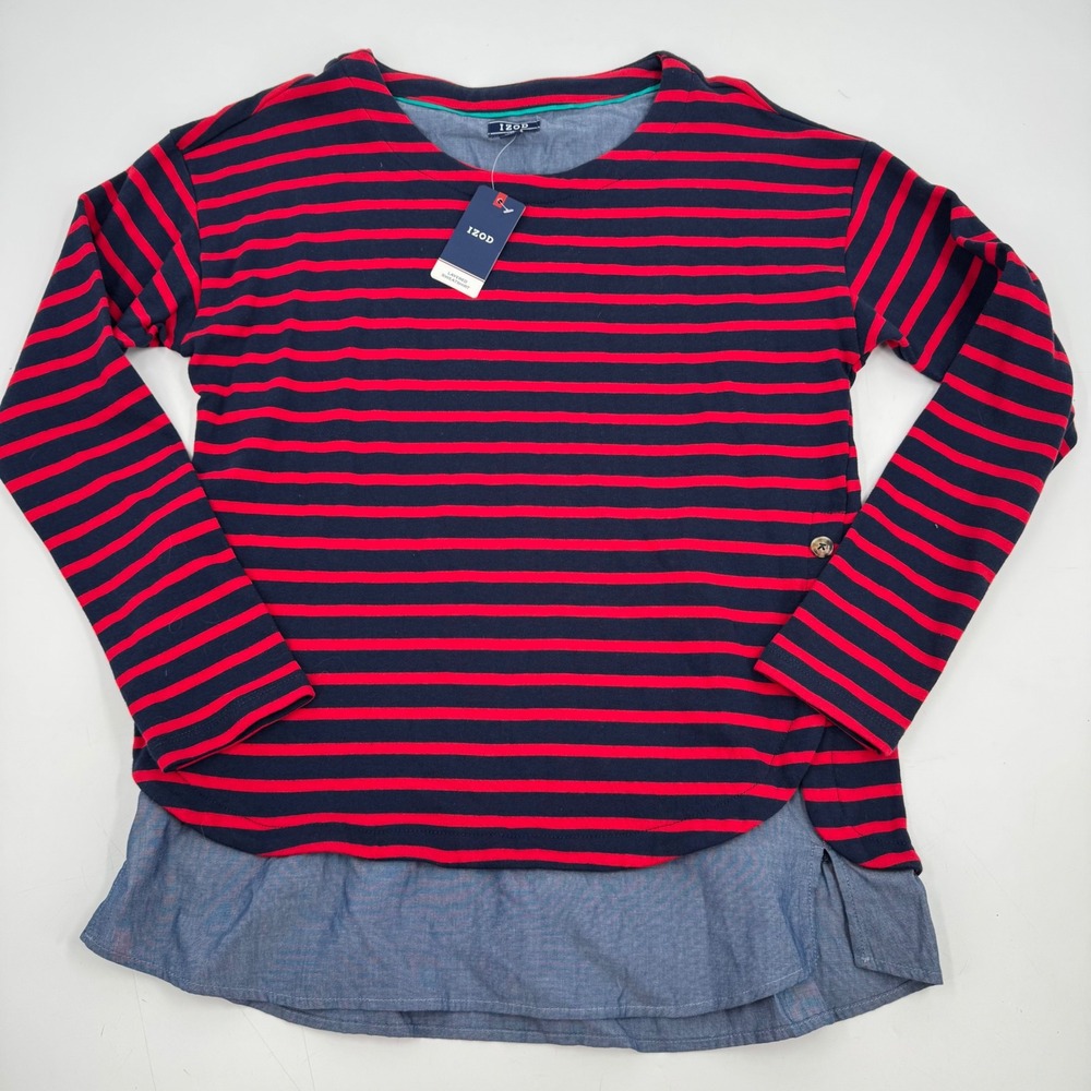 IZOD Women's Striped Layered Look Knit Top Blue Red Button‎ Detail Size M